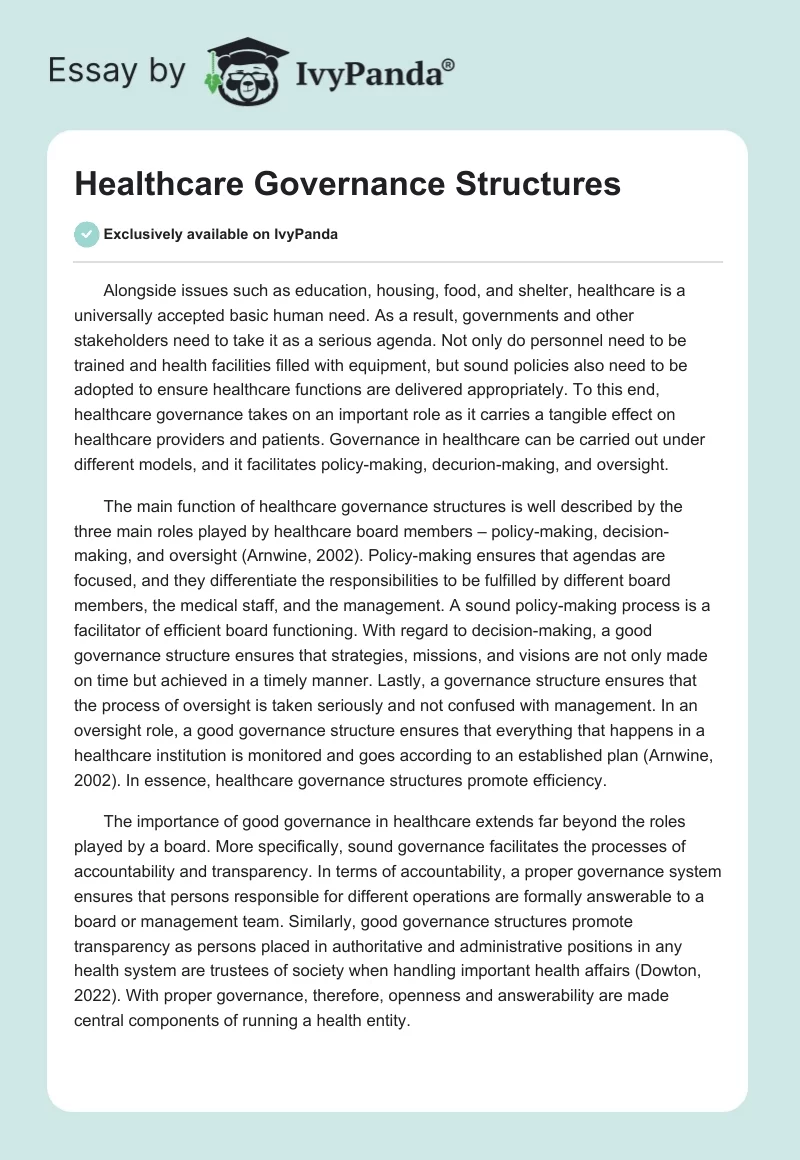 Healthcare Governance Structures. Page 1