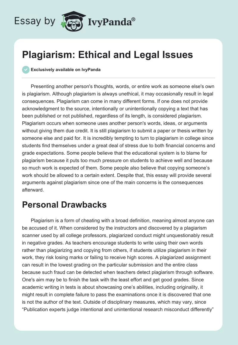 Plagiarism: Ethical and Legal Issues. Page 1