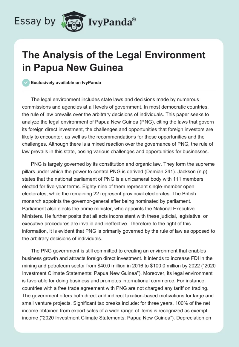 The Analysis of the Legal Environment in Papua New Guinea. Page 1