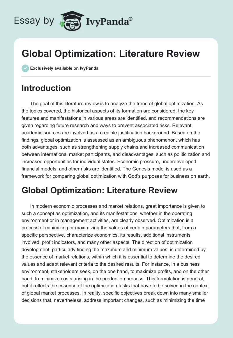 Global Optimization: Literature Review. Page 1