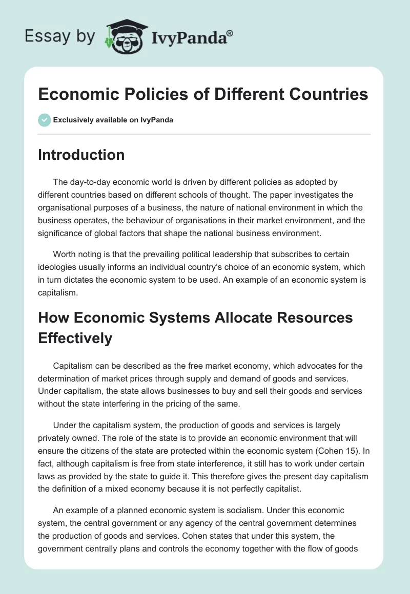 Economic Policies of Different Countries. Page 1