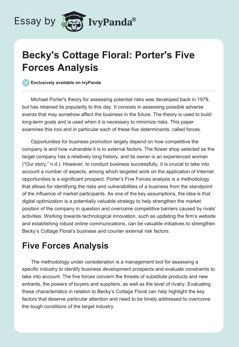 Becky's Cottage Floral: Porter's Five Forces Analysis. Page 1