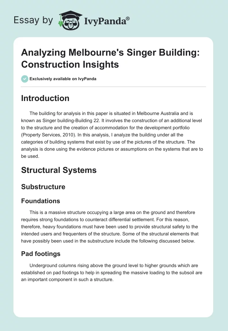 Analyzing Melbourne's Singer Building: Construction Insights. Page 1