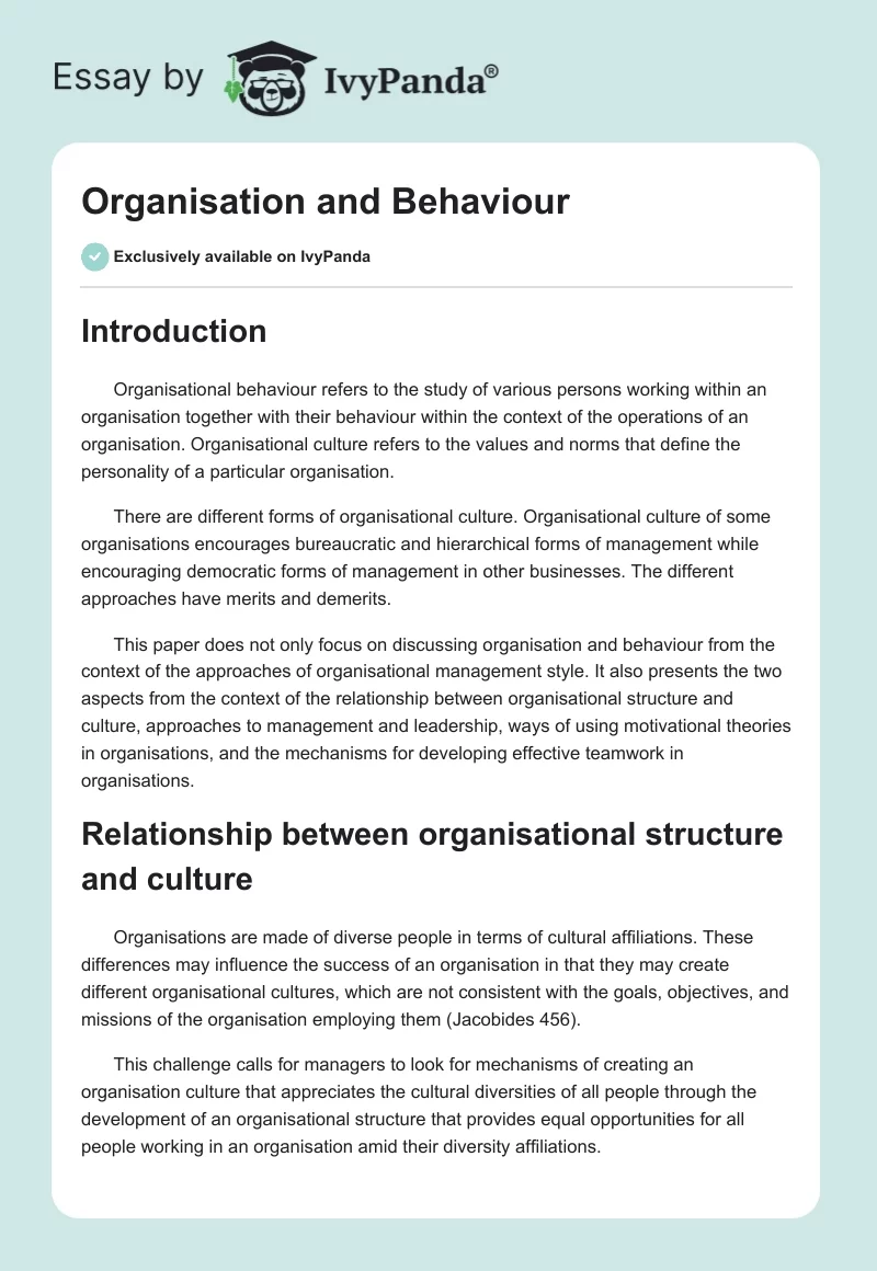Organisation and Behaviour. Page 1
