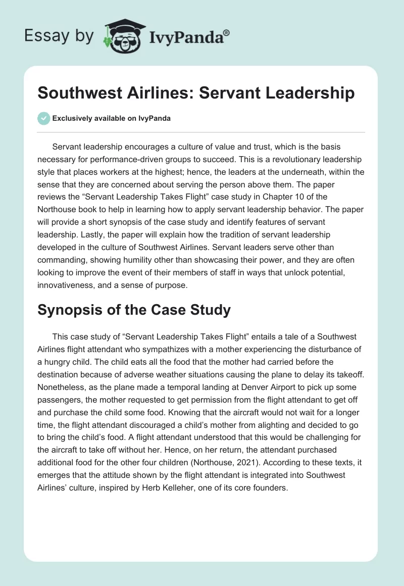 Southwest Airlines: Servant Leadership. Page 1