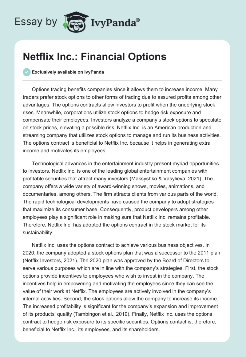 Netflix Inc.: Financial Options. Page 1