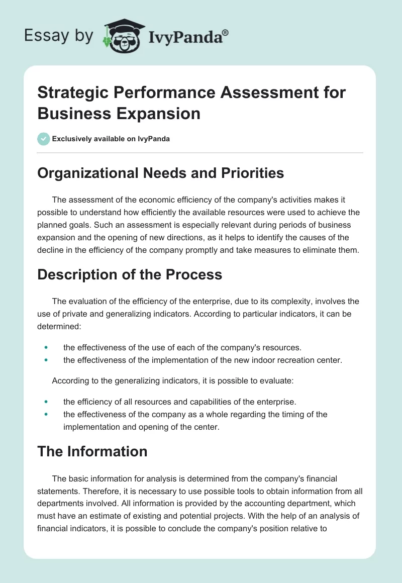 Strategic Performance Assessment for Business Expansion. Page 1