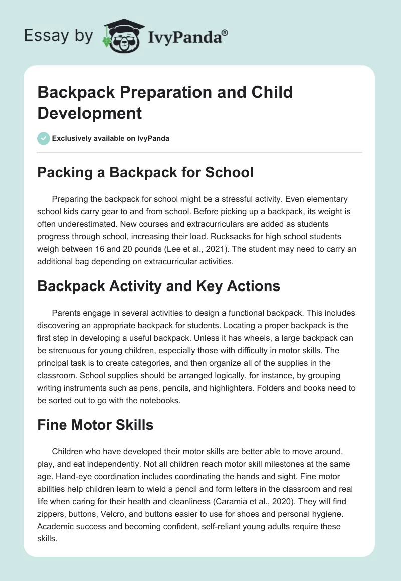 Backpack Preparation and Child Development. Page 1