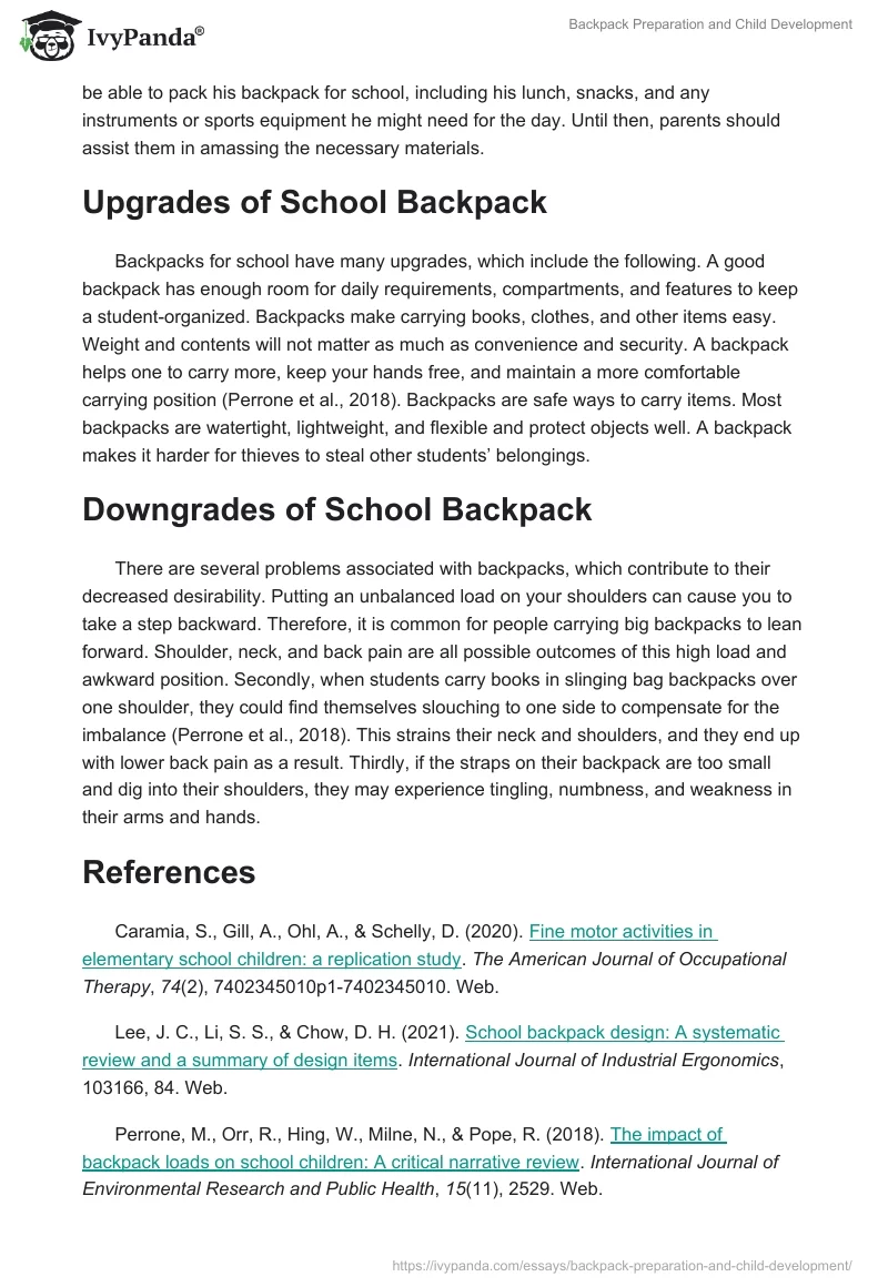 Backpack Preparation and Child Development. Page 3