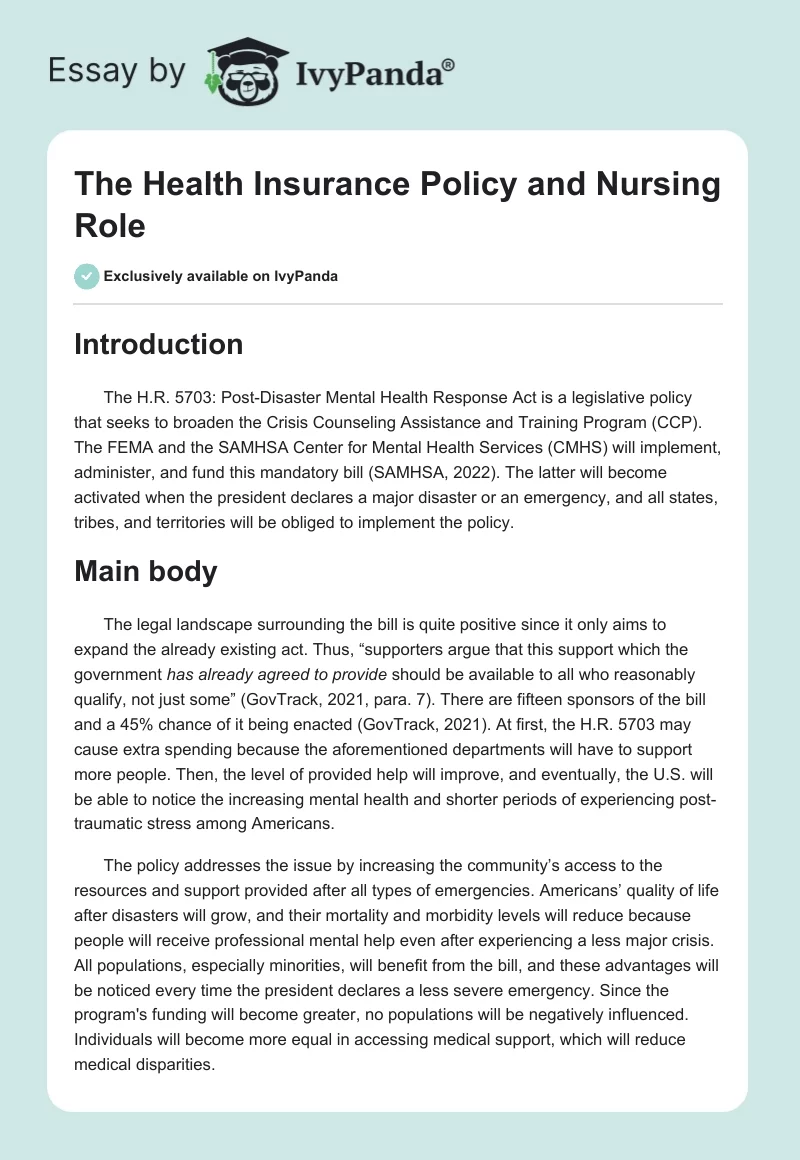 The Health Insurance Policy and Nursing Role. Page 1