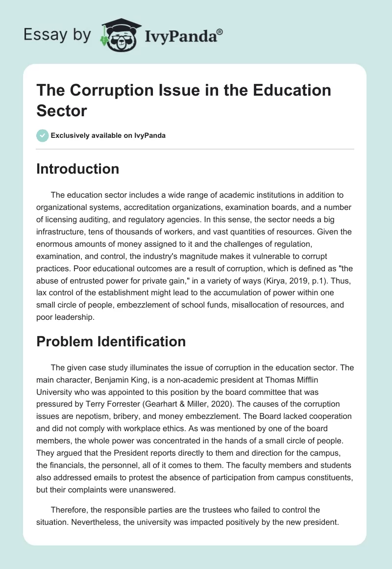 The Corruption Issue in the Education Sector. Page 1