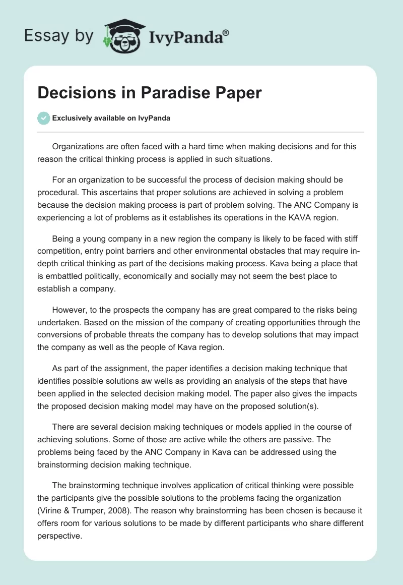 Decisions in Paradise Paper. Page 1