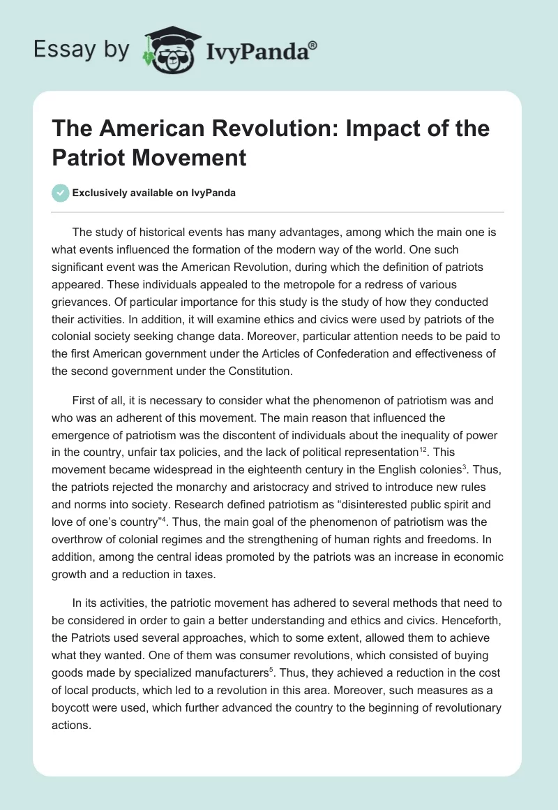 The American Revolution: Impact of the Patriot Movement. Page 1