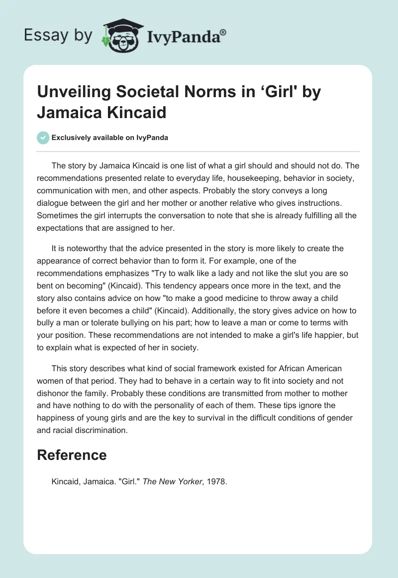 Unveiling Societal Norms in ‘Girl' by Jamaica Kincaid. Page 1