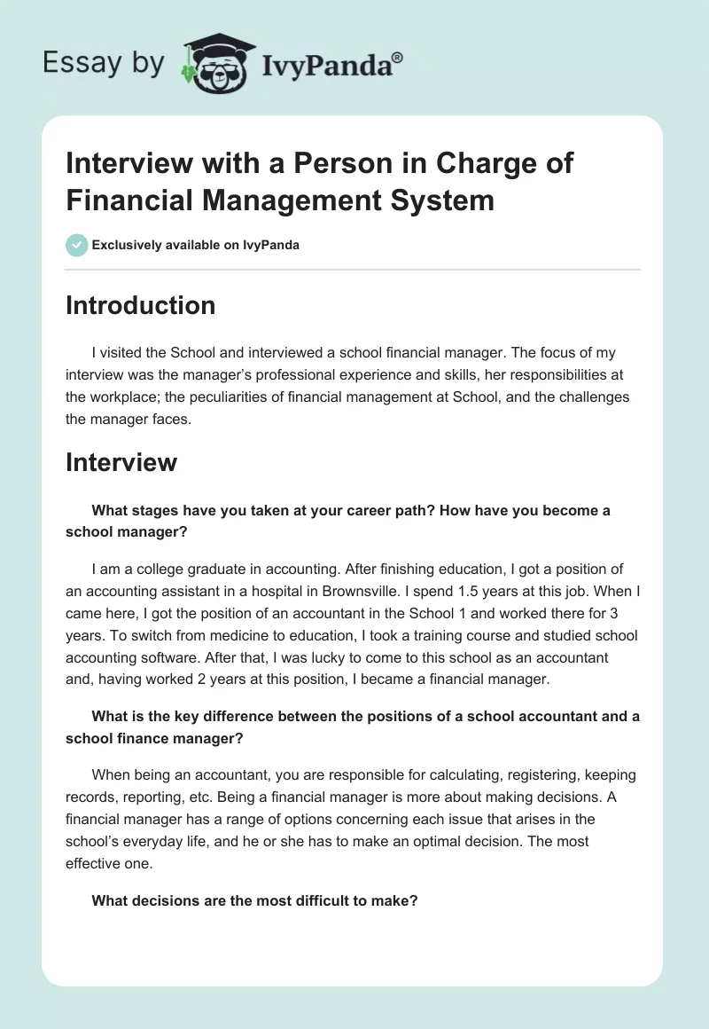 Interview with a Person in Charge of Financial Management System. Page 1