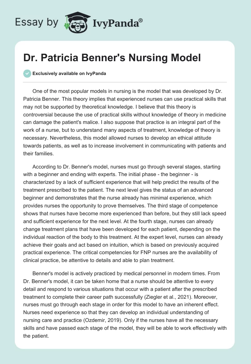 Dr. Patricia Benner's Nursing Model. Page 1