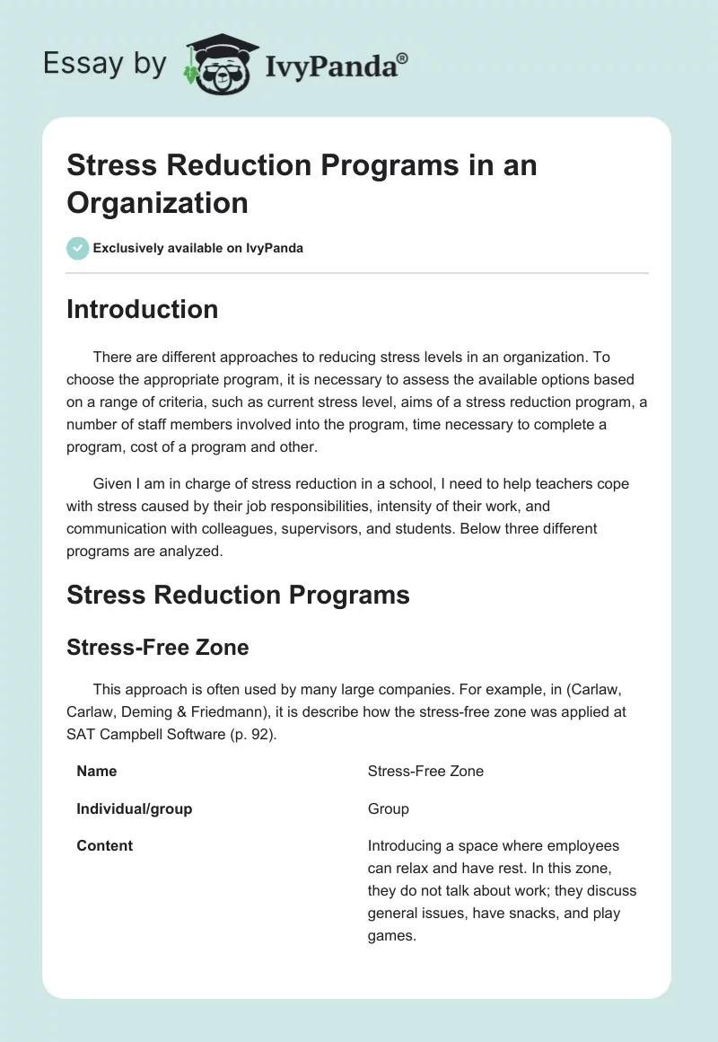Stress Reduction Programs in an Organization. Page 1
