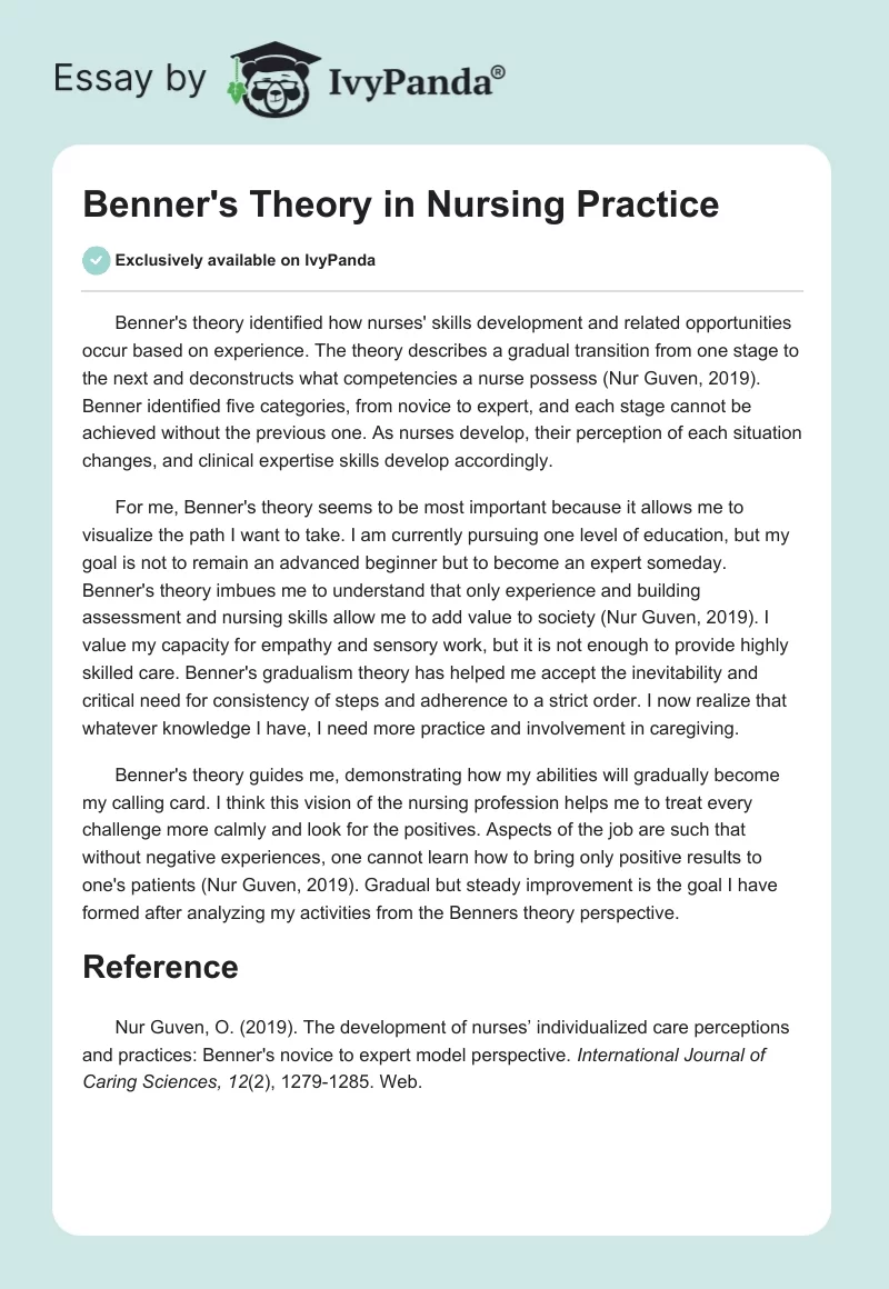 Benner's Theory in Nursing Practice. Page 1