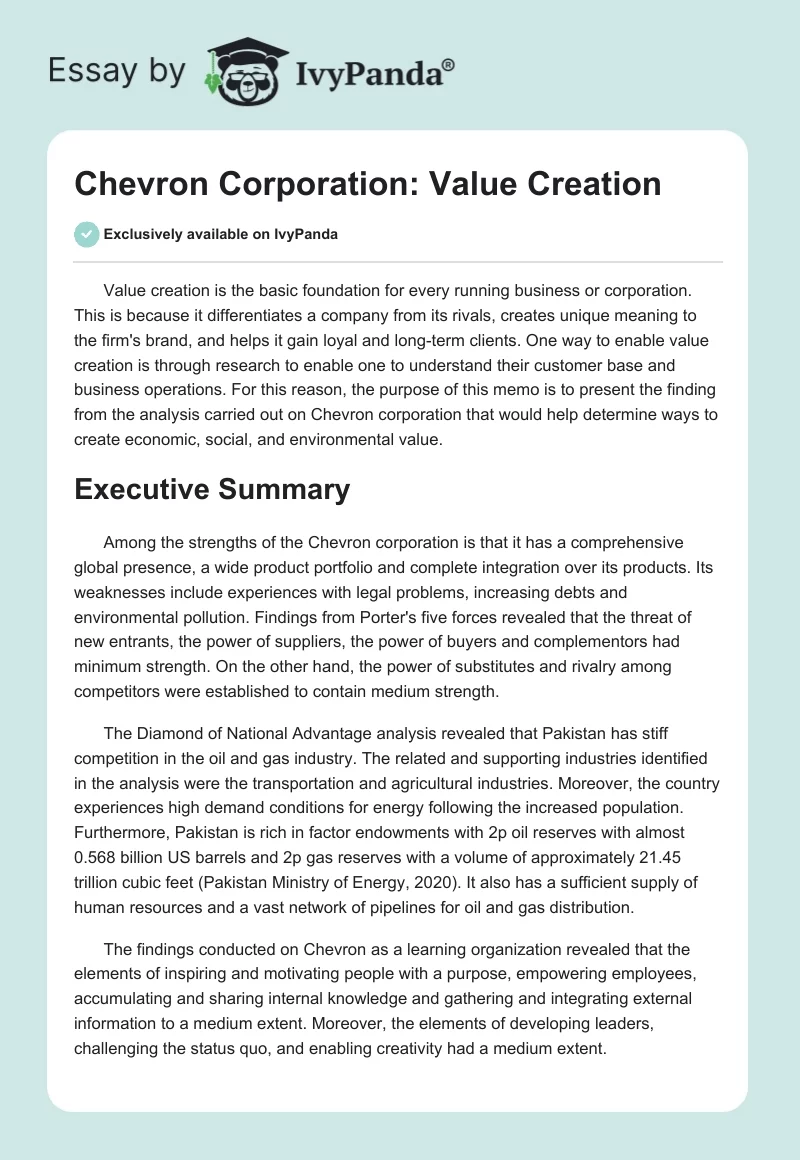 Chevron Corporation: Value Creation. Page 1