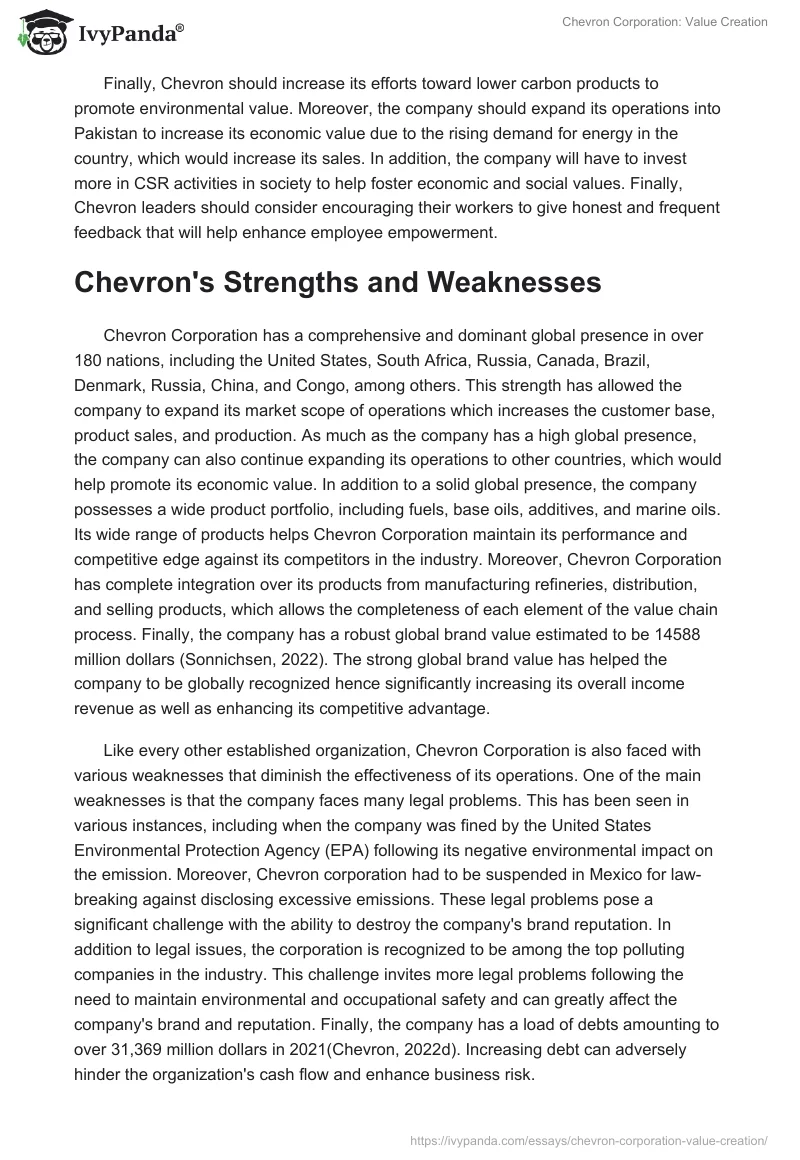 Chevron Corporation: Value Creation. Page 2