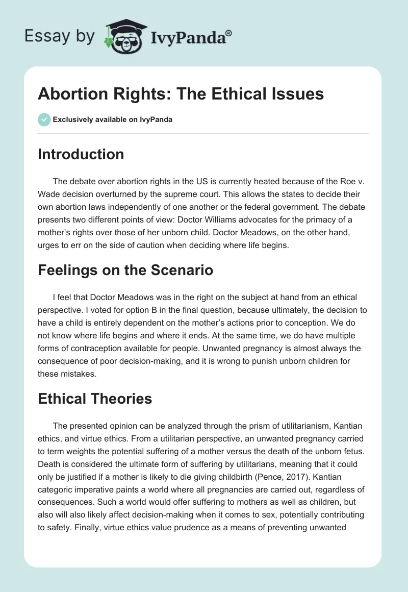 Abortion Rights: The Ethical Issues. Page 1