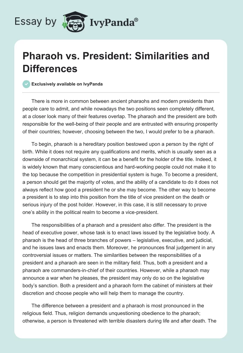 Pharaoh vs. President: Similarities and Differences. Page 1
