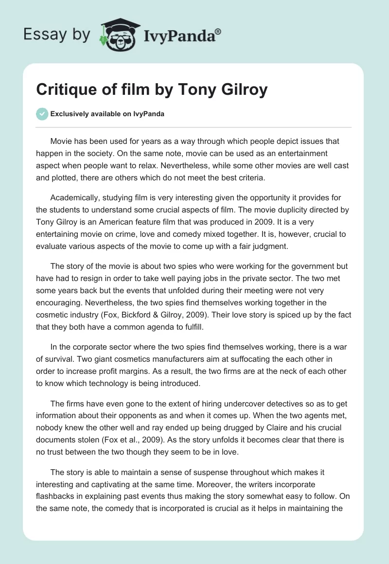 Critique of Film by Tony Gilroy. Page 1