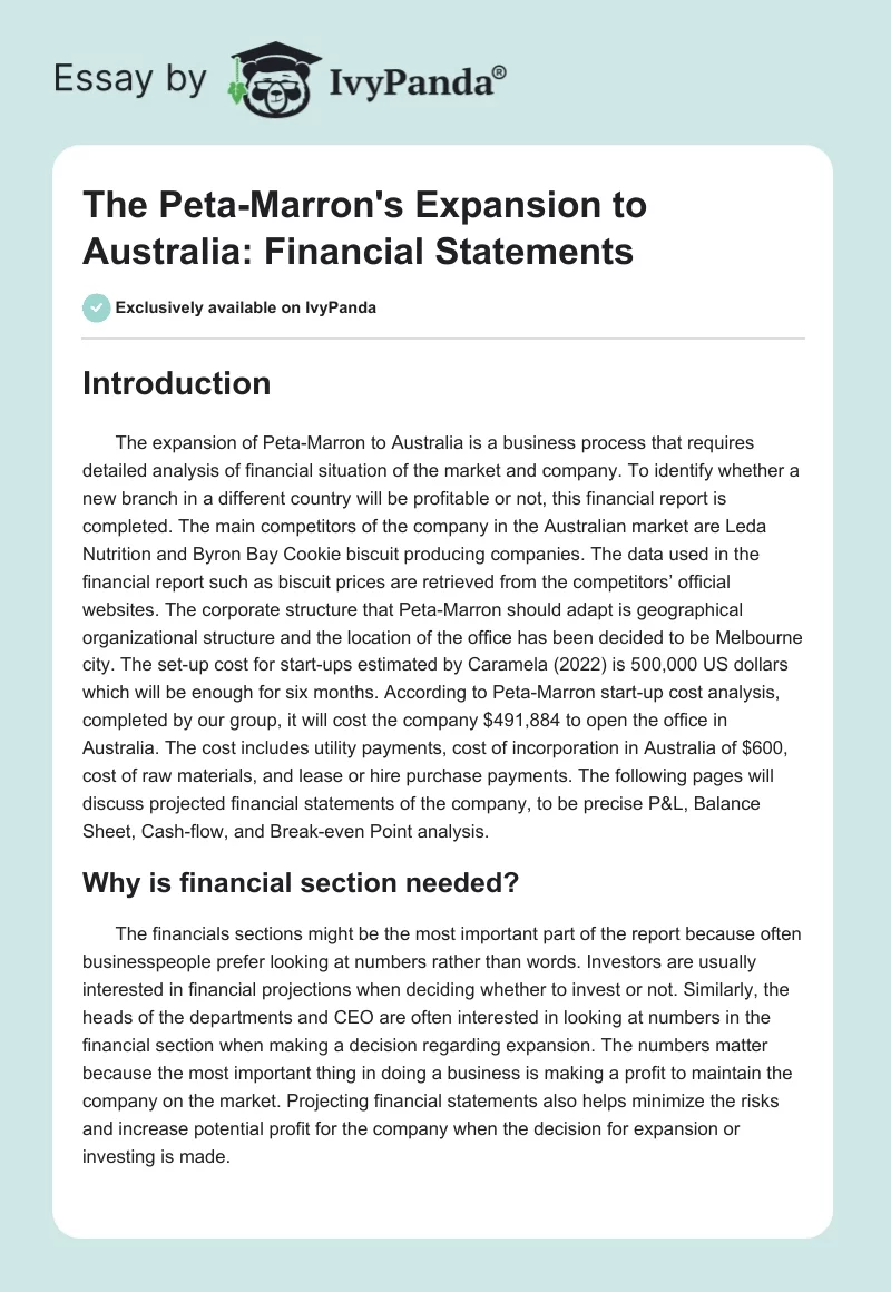 The Peta-Marron's Expansion to Australia: Financial Statements. Page 1