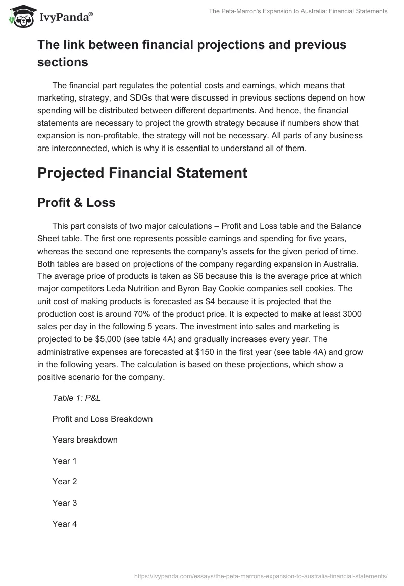The Peta-Marron's Expansion to Australia: Financial Statements. Page 2