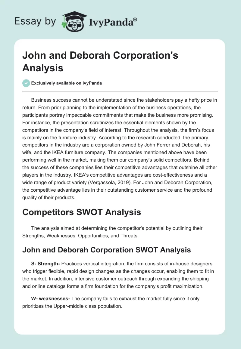 John and Deborah Corporation's Analysis. Page 1