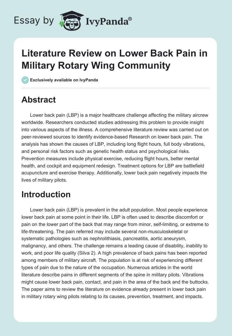 Literature Review on Lower Back Pain in Military Rotary Wing Community. Page 1