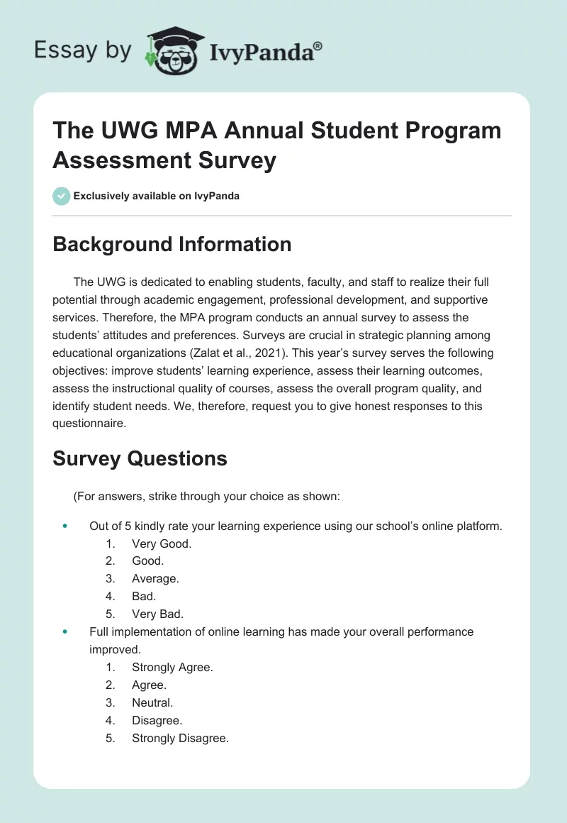The UWG MPA Annual Student Program Assessment Survey. Page 1