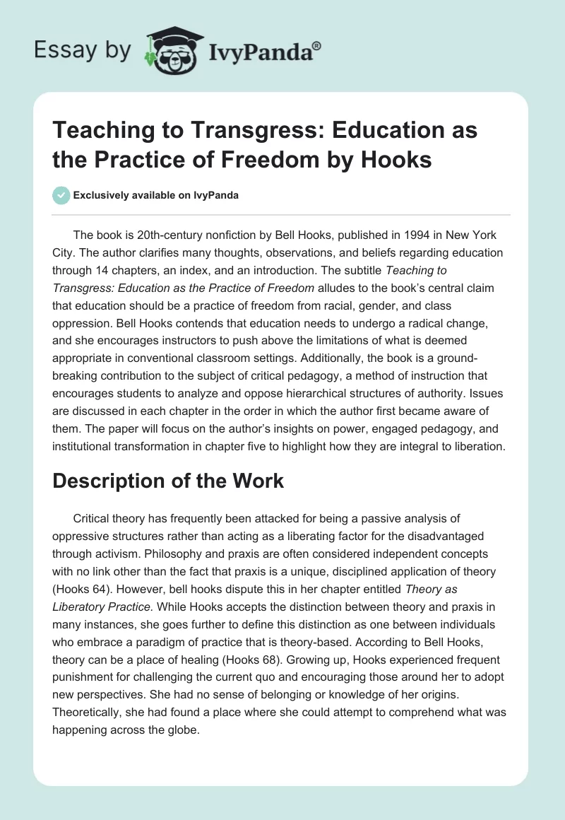 "Teaching to Transgress: Education as the Practice of Freedom" by Hooks. Page 1