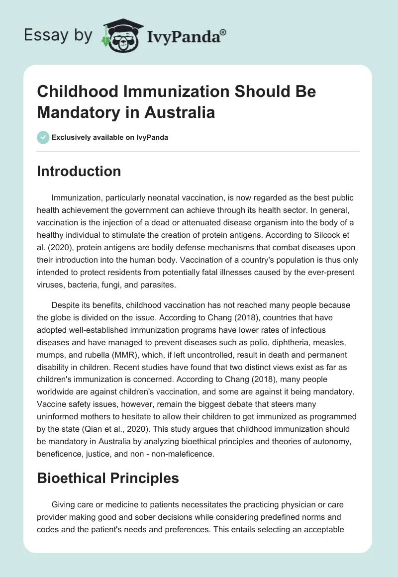 Childhood Immunization Should Be Mandatory in Australia. Page 1