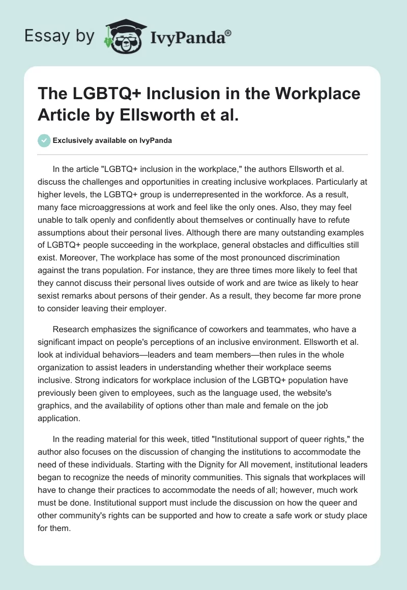 The "LGBTQ+ Inclusion in the Workplace" Article by Ellsworth et al.. Page 1