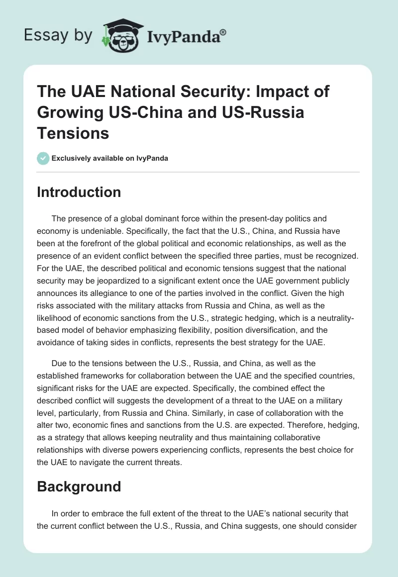 The UAE National Security: Impact of Growing US-China and US-Russia Tensions. Page 1