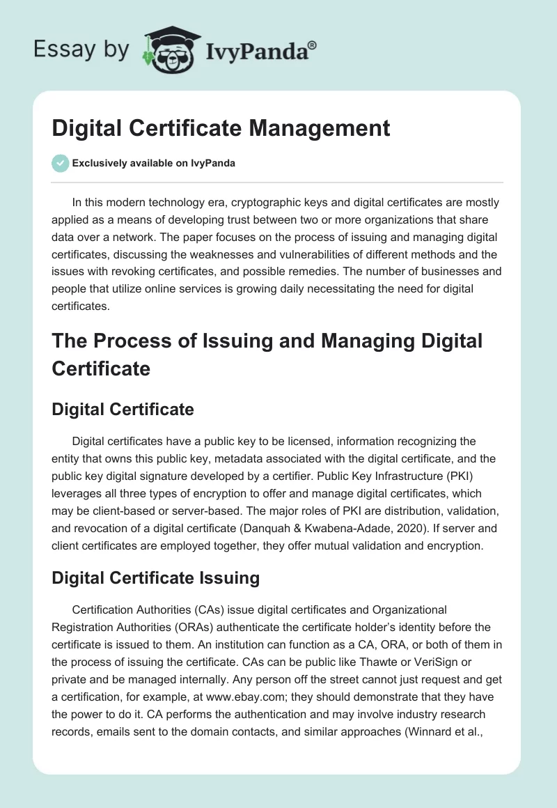 Digital Certificate Management. Page 1