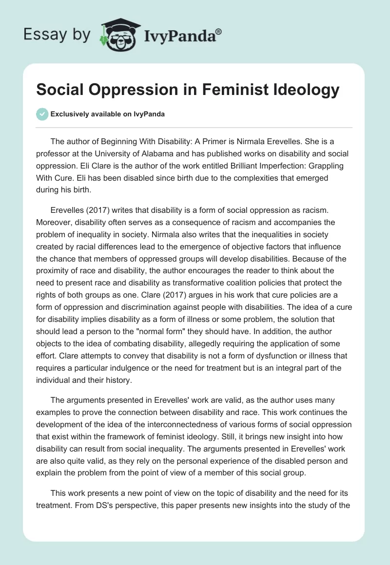 Social Oppression in Feminist Ideology. Page 1