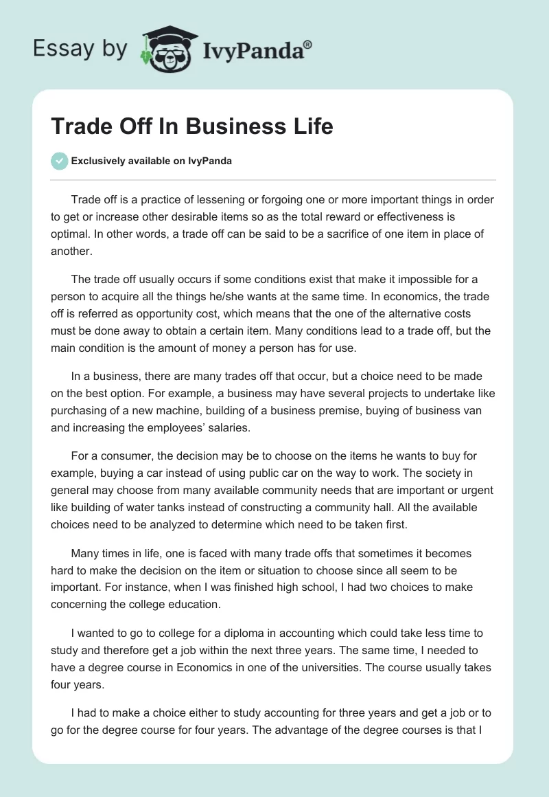 Trade Off in Business Life. Page 1