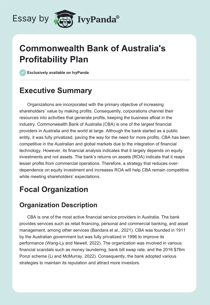 Commonwealth Bank of Australia's Profitability Plan. Page 1