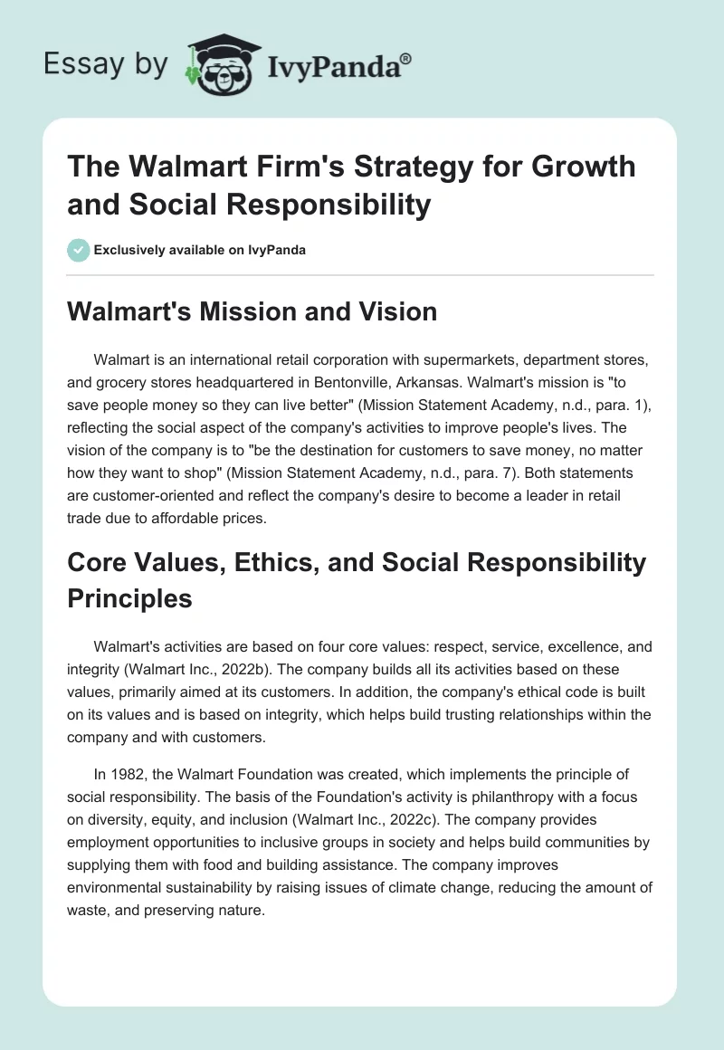 The Walmart Firm's Strategy for Growth and Social Responsibility. Page 1