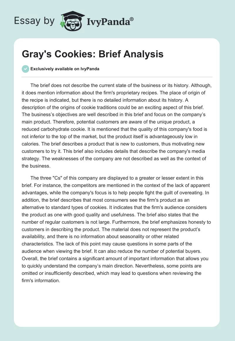 Gray's Cookies: Brief Analysis. Page 1