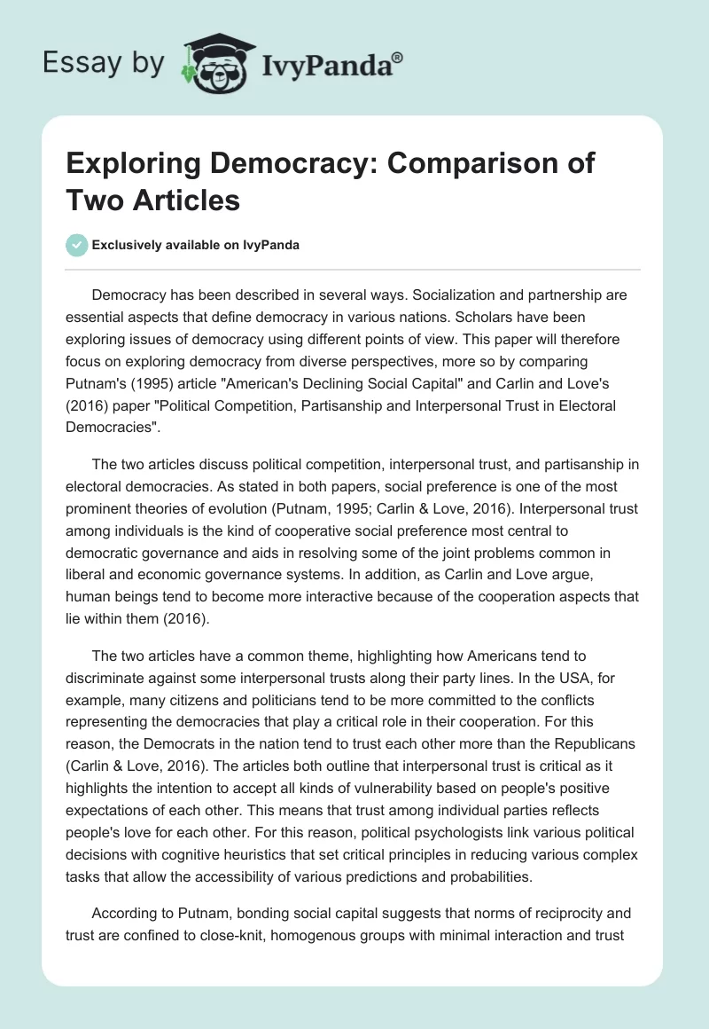 Exploring Democracy: Comparison of Two Articles. Page 1