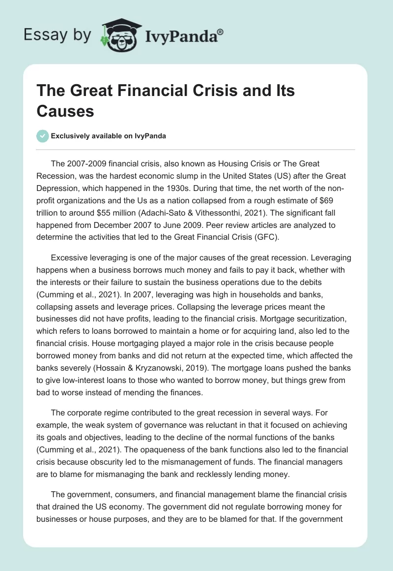 The Great Financial Crisis and Its Causes. Page 1