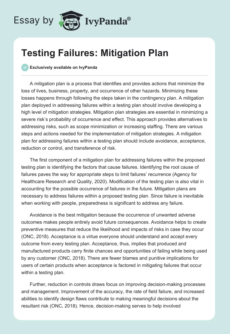 Testing Failures: Mitigation Plan. Page 1