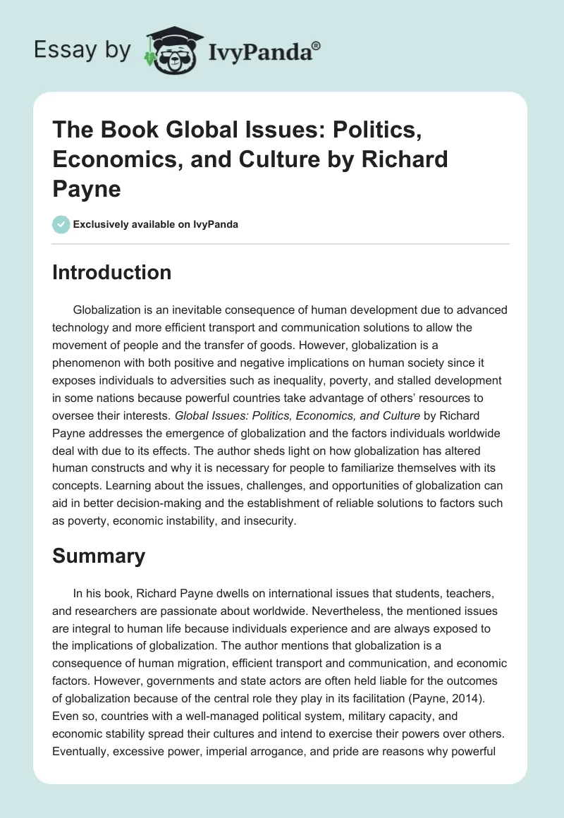 The Book "Global Issues: Politics, Economics, and Culture" by Richard Payne. Page 1