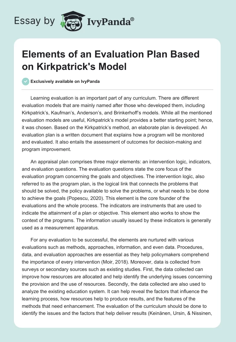 Elements of an Evaluation Plan Based on Kirkpatrick's Model. Page 1