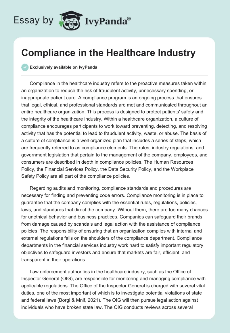 Compliance in the Healthcare Industry. Page 1