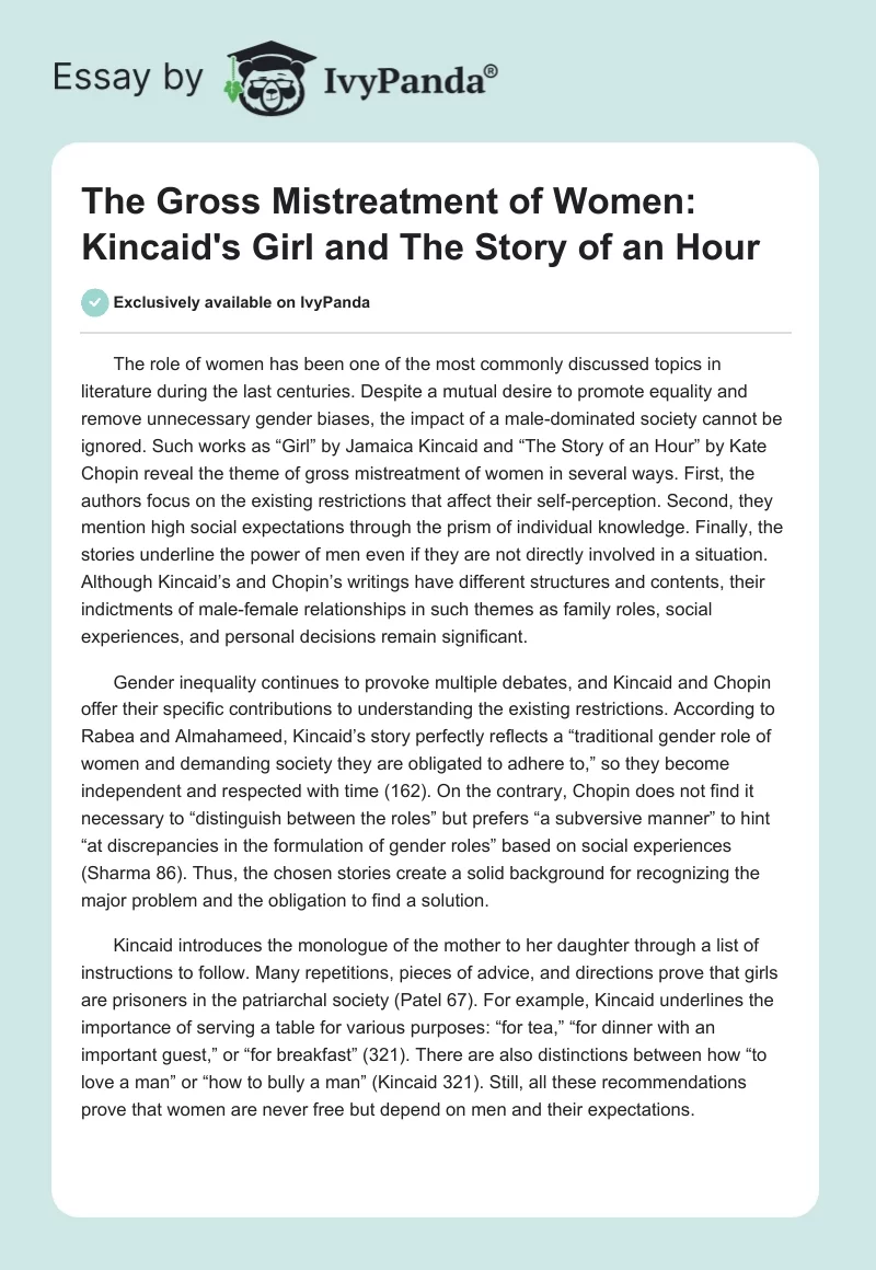 The Gross Mistreatment of Women: Kincaid's "Girl" and "The Story of an Hour". Page 1