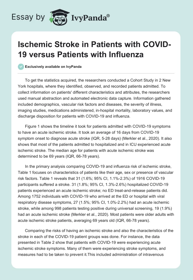 Ischemic Stroke in Patients with COVID-19 versus Patients with Influenza. Page 1